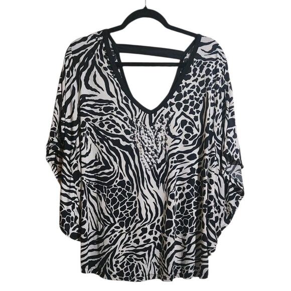 Dots Woman's Blouse Animal Print Black White Embellished Flowy Plus Top Size 2X - Picture 2 of 10